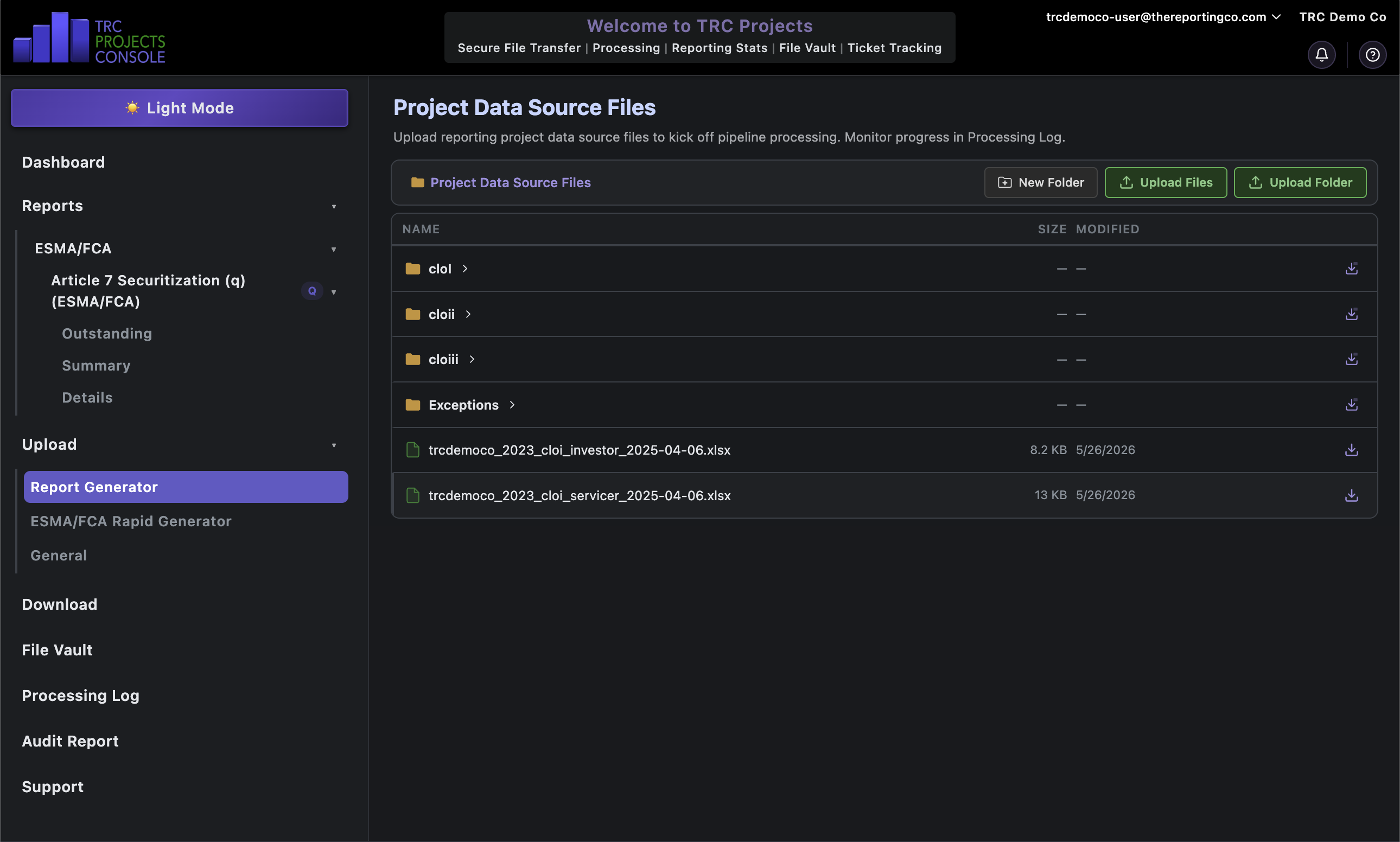 Report Generator interface showing queued and uploaded source data files ready for processing